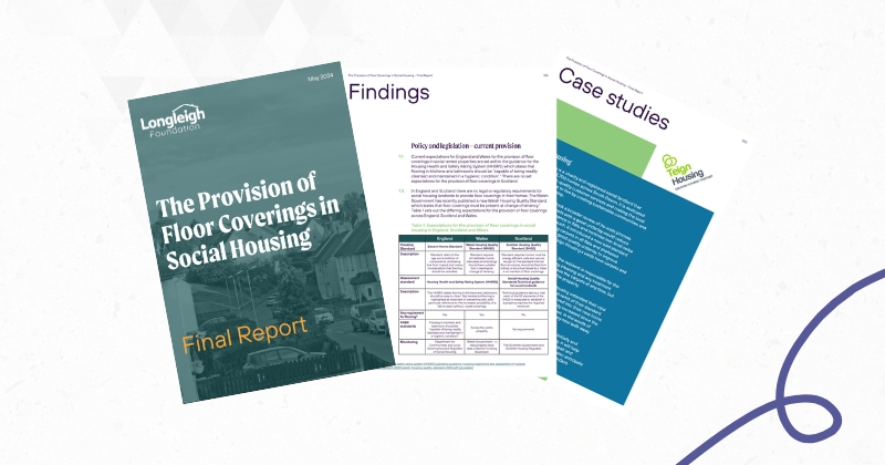 A promotional graphic with the cover of the final report on the provision of floor coverings in social housing