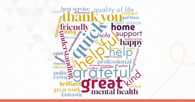 A word cloud in the shape of a speech bubble contains various positive words and phrases in different sizes and colours. Prominent words include "thank you," "grateful," "helpful," "quick," "great," "friendly," "understanding," "support," "professional," and "mental health." The Longleigh Foundation logo is positioned in the top right corner. The words appear in shades of blue, yellow, maroon, and grey.