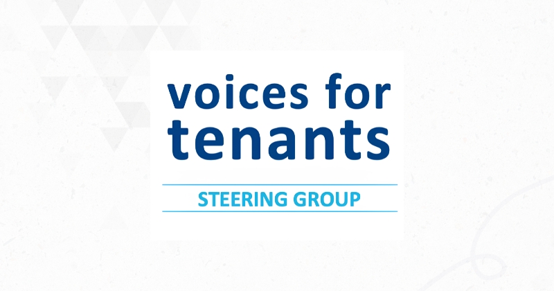 Logo-style graphic with the words “voices for tenants” in large dark blue lowercase letters centered on a light grey background, with “STEERING GROUP” in smaller uppercase turquoise letters below, separated by thin horizontal lines.
