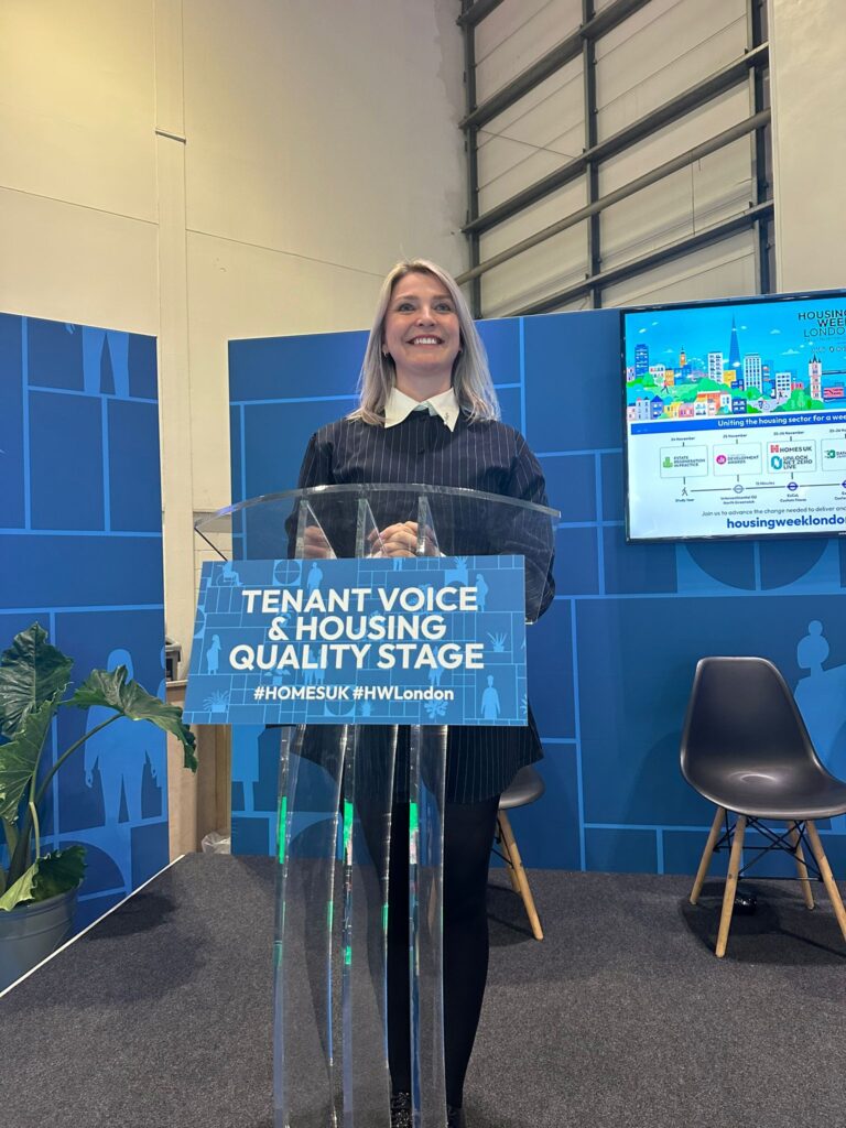 Aileen Edmunds presenting social housing research at Homes UK