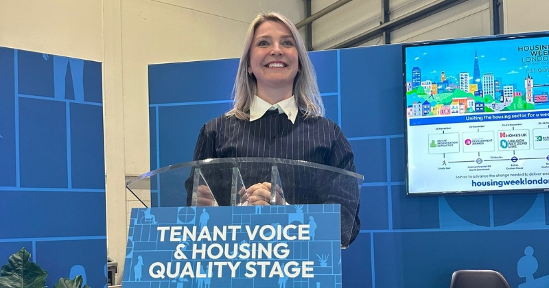Aileen Edmunds presenting social housing research at Homes UK