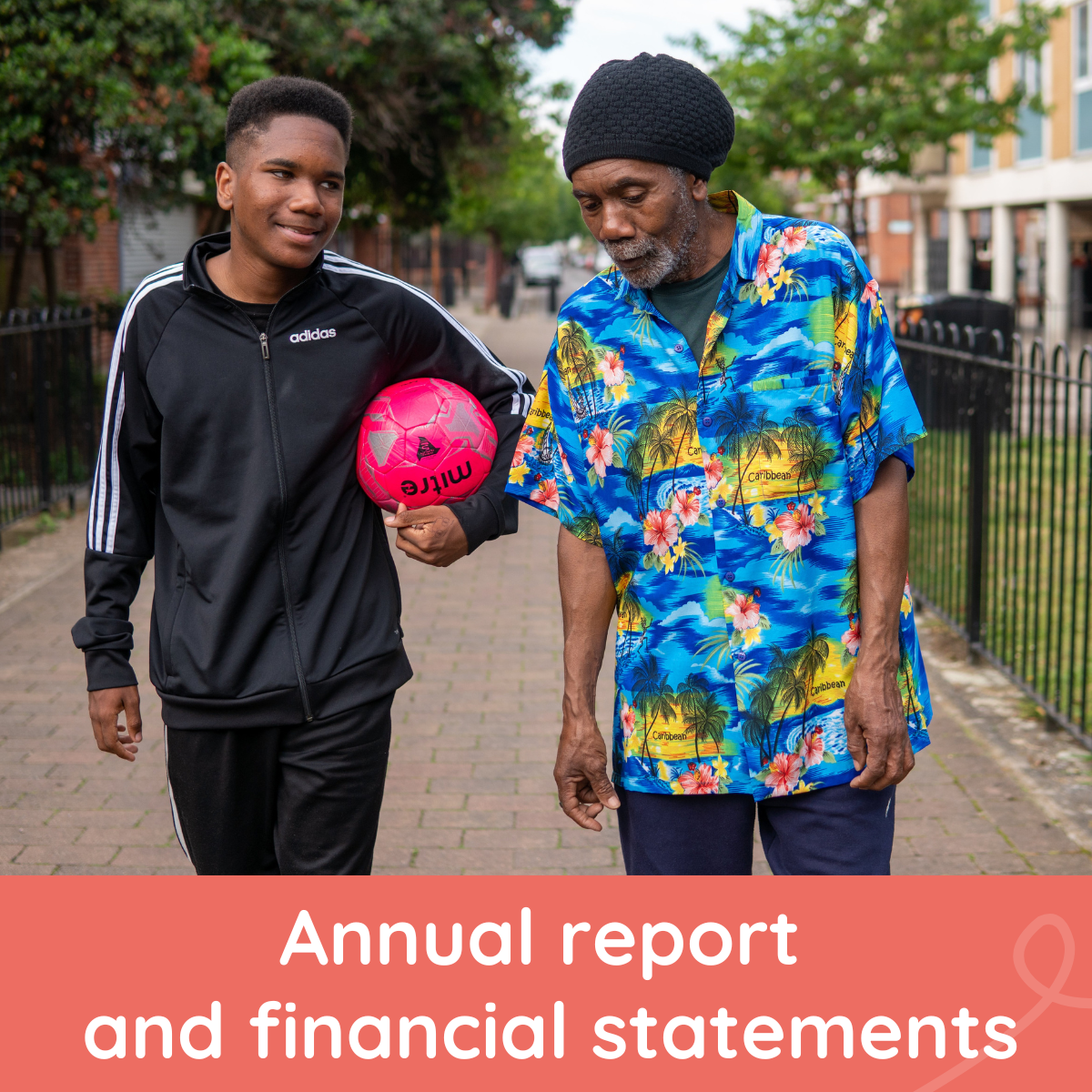 Two people walking outdoors on a paved path, one holding a bright pink football. The person on the left is wearing a black Adidas tracksuit, and the person on the right is wearing a colourful blue Hawaiian-style shirt and a dark hat. Text at the bottom reads: ‘Annual report and financial statements.'