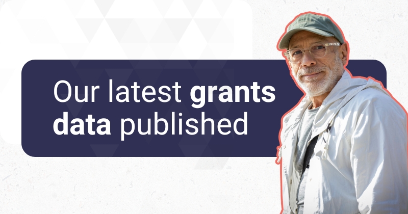 Graphic promoting newly published grants data. Large white text on a dark blue banner reads, “Our latest grants data published.” To the right is a photo of an older adult wearing glasses, a cap and a light-coloured jacket. The background is light grey with a subtle geometric triangle pattern.